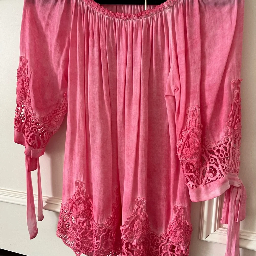 Pink Lace Trim Off-Shoulder Top - Picture 2 of 6